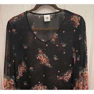 Cabi Black Sheer Floral Blooming Blouse Sheer Balloon Long Sleeve V Neck Size M